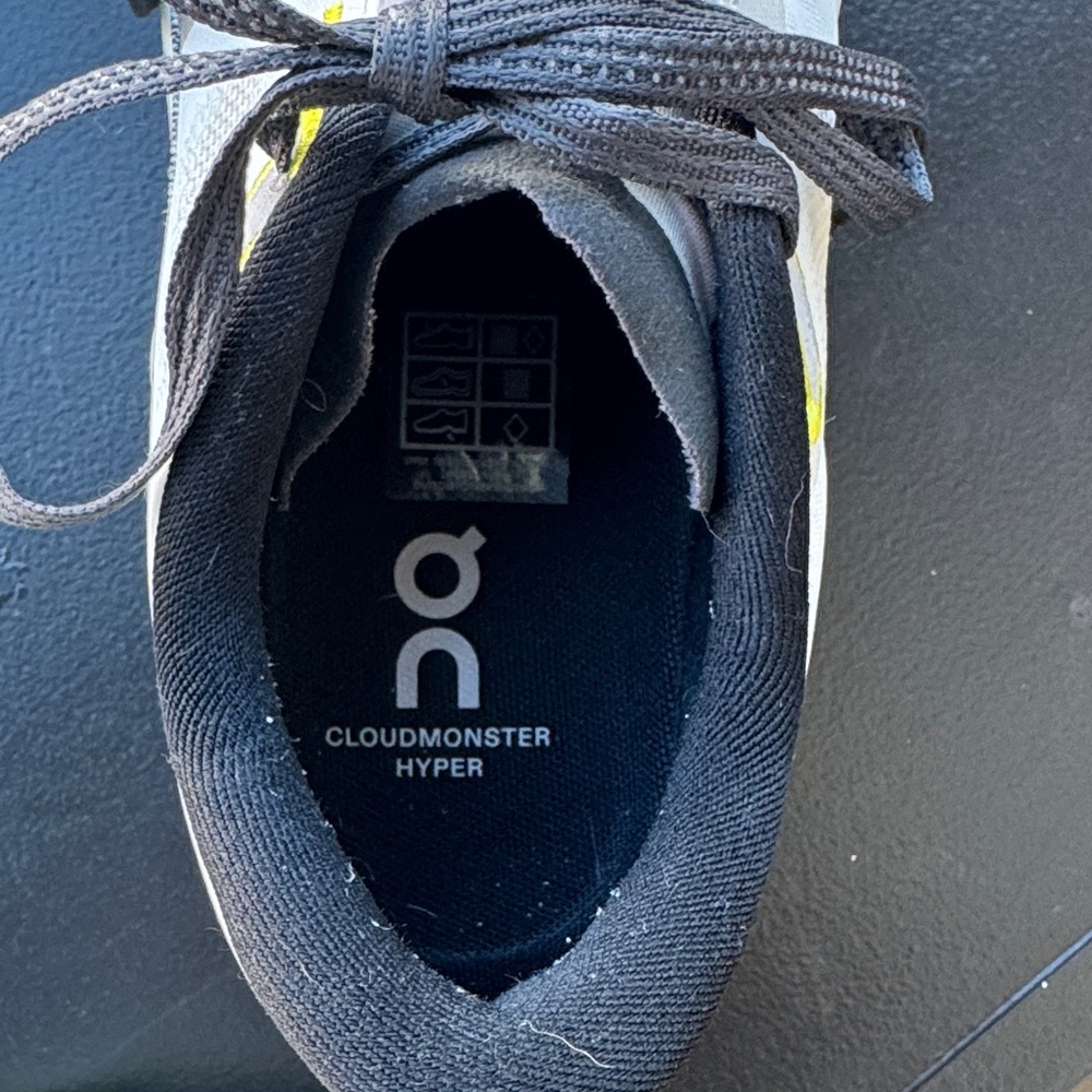 On Running Cloudmonster Hyper White and Neon Yellow Athletic Shoes - Picture 2 of 8